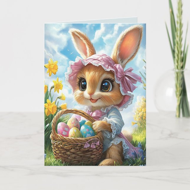  Easter Bunny Pink Bonnet Basket Eggs  Card (Front)