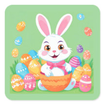 Easter Bunny Pink Bow and Colorful Eggs on Green