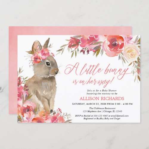Easter bunny pink coral floral girl baby shower invitation