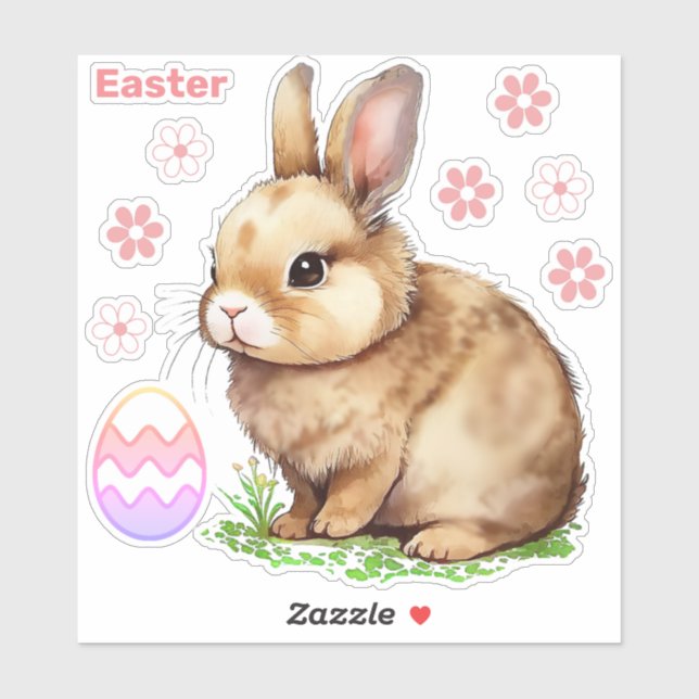 Easter Bunny, Pink Flowers and Easter Egg Sticker (Sheet)