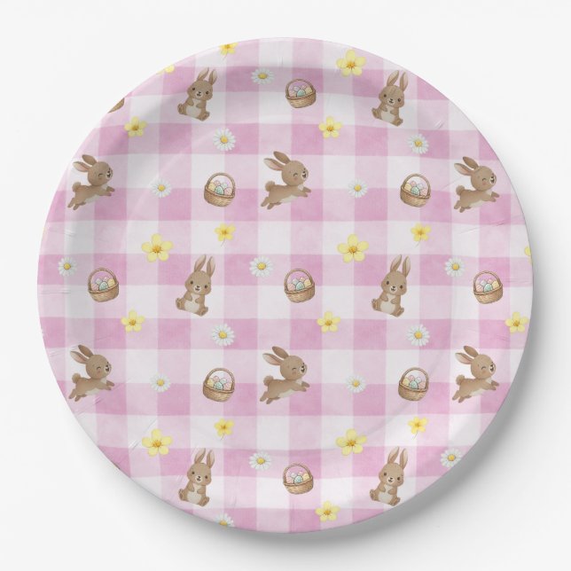 Easter Bunny Pink Gingham Paper Plates (Front)