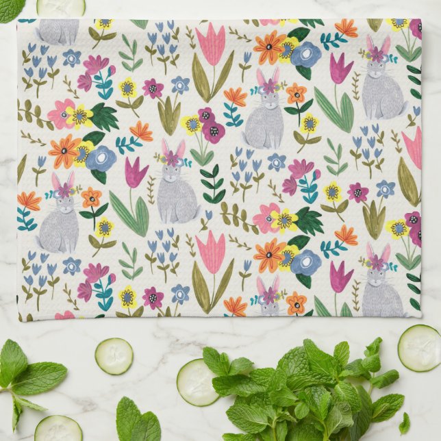 Easter bunny pink & green cute spring floral apron kitchen towel (Folded)