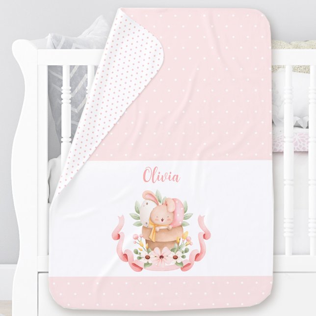 Easter Bunny Pink Polka Dot Personalized Name Girl Baby Blanket (Easter Bunny Pink Polka Dot Personalized Name Girl Baby Blanket)