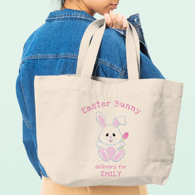 Easter Bunny Pink Tulip Personalized Name Holidays Large Tote Bag (Creator Uploaded)