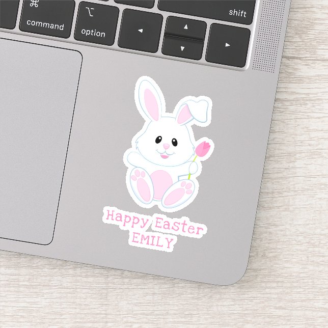 Easter Bunny Pink Tulip Personalized Name Holidays Sticker (Detail)