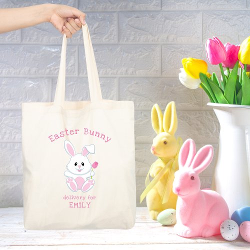 Easter Bunny Pink Tulip Personalized Name Holidays Tote Bag