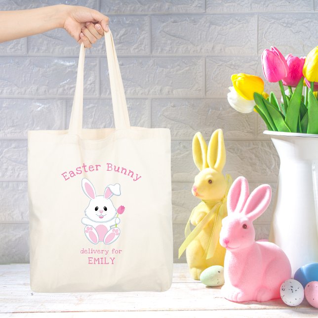 Easter Bunny Pink Tulip Personalized Name Holidays Tote Bag (Creator Uploaded)
