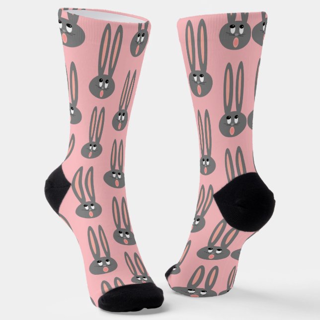 Easter Bunny Pink White Fun Pattern Adults Socks (Angled)