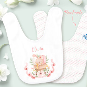 Easter bunny Pink White Name Girl Baby Bib