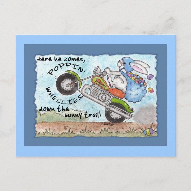 Easter Bunny Poppin' Wheelies Holiday Postcard (Front)