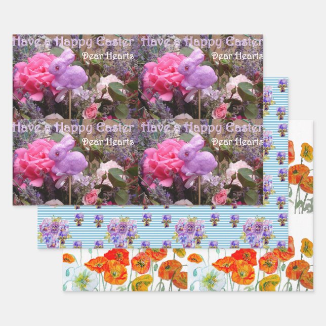 Easter Bunny Poppy Flower Pattern Watercolor Wrapping Paper Sheets (Set)