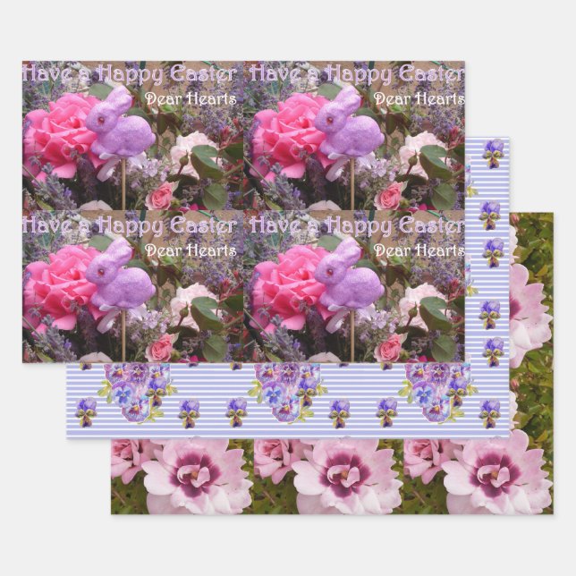 Easter Bunny Poppy Pansy Rose Purple Shabby Wrapping Paper Sheets (Set)