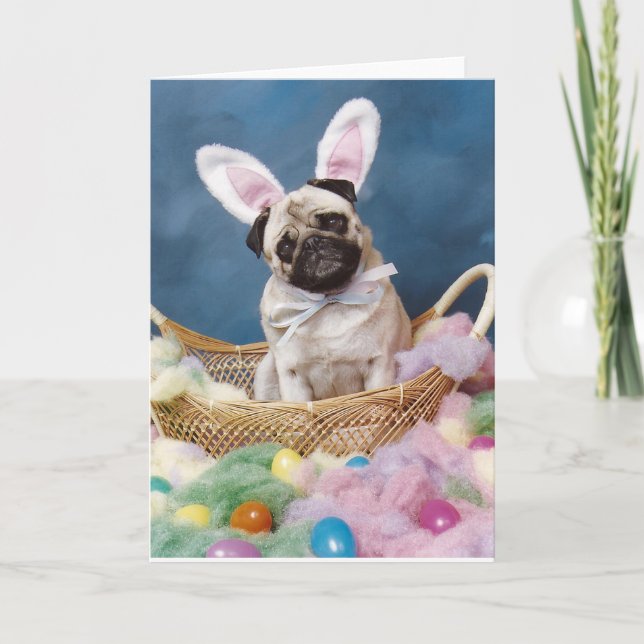 Easter Bunny Pug Dog Basket Card (Front)