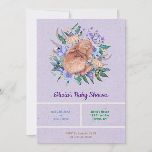 Easter Bunny Purple Floral Baby Shower Invites