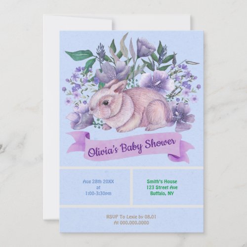 Easter Bunny Purple Florals Baby Shower Invites