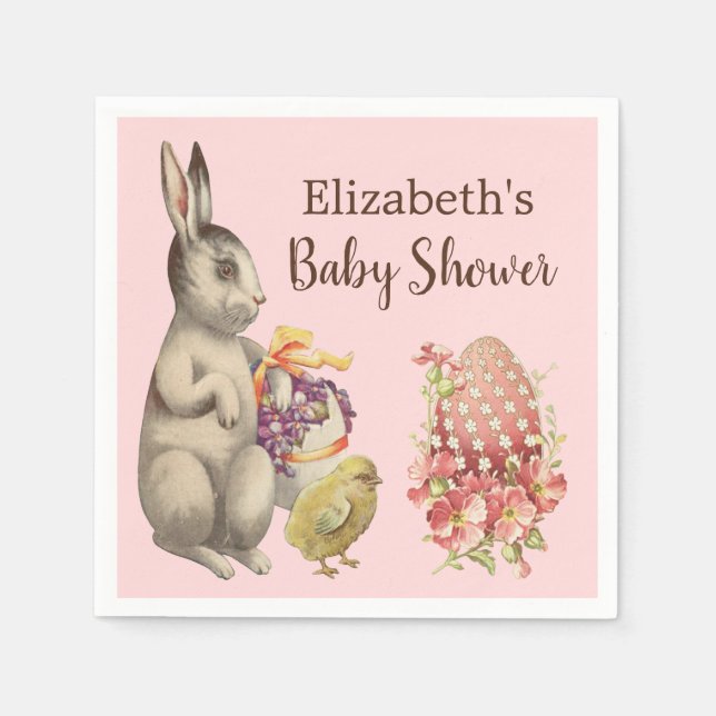 Easter Bunny Rabbit and Chicken Pink Baby Shower Napkins (Front)