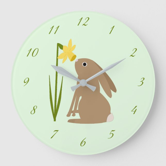 Easter Bunny Rabbit and Daffodil flower Large Clock (Front)