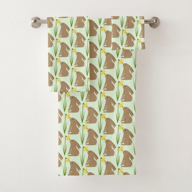 Easter Bunny Rabbit and Daffodil flower Patterned Bath Towel Set (Insitu)
