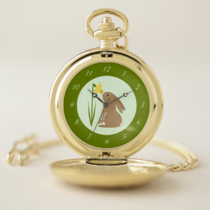 Easter Bunny Rabbit and Daffodil flower Pocket Watch
