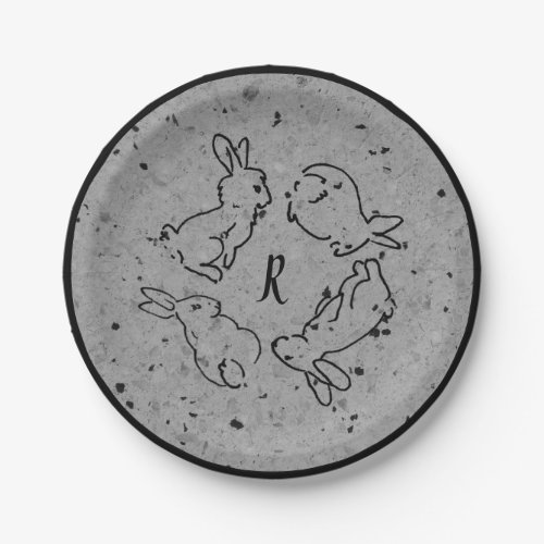 Easter Bunny Rabbit Black White Stone Monogram Paper Plates