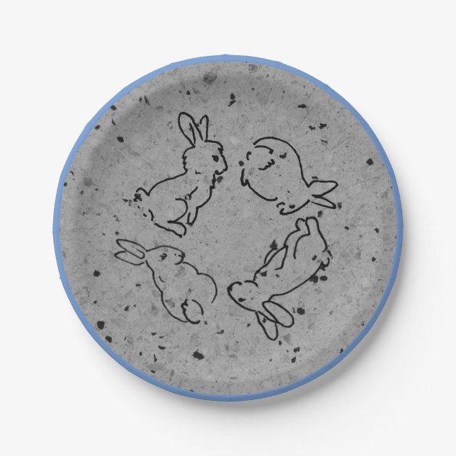 Easter Bunny Rabbit Blue Gray Stone Spring Modern Paper Plates (Front)