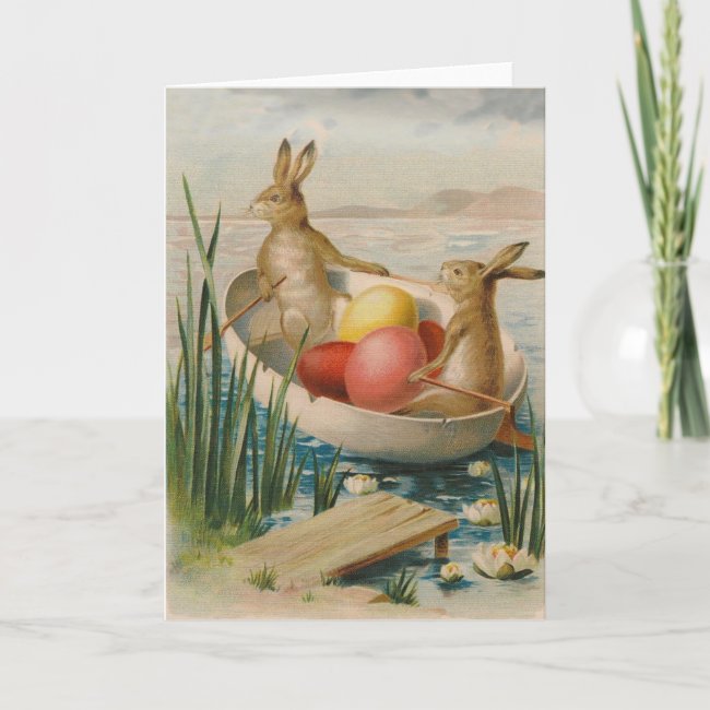Easter Bunny Rabbit Colored Egg Boat Holiday Card