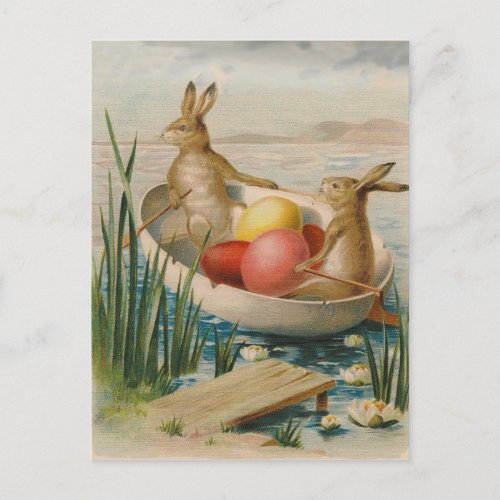 Easter Bunny Rabbit Colored Egg Boat Holiday Postcard