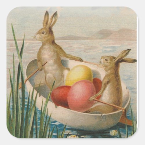 Easter Bunny Rabbit Colored Egg Boat Square Sticker