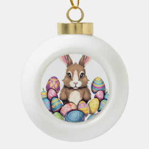 Easter Bunny Rabbit Colorful Eggs Easter Egg Hunt Ceramic Ball Christmas Ornament