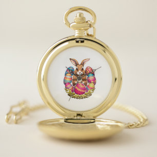 Easter Bunny Rabbit Colorful Eggs Easter Egg Hunt Pocket Watch