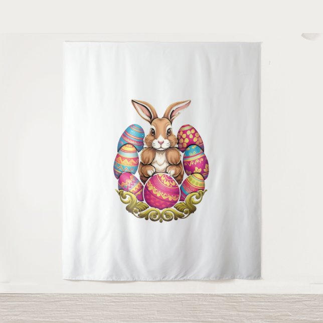 Easter Bunny Rabbit Colorful Eggs Easter Egg Hunt Tapestry (Front)