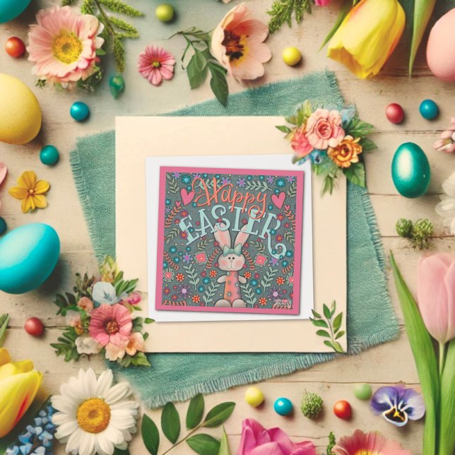 Easter Bunny Rabbit Cute Fun Floral Inspirivity  Note Card (Creator Uploaded)