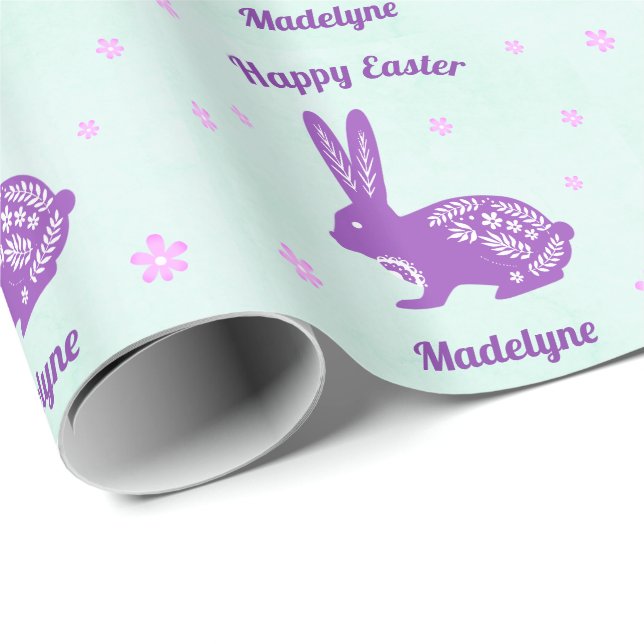 Easter Bunny Rabbit Daisies Purple Personalized Wrapping Paper (Roll Corner)