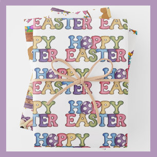 Easter Bunny Rabbit Eggs Basket 3 Kids Wrapping Paper Sheets