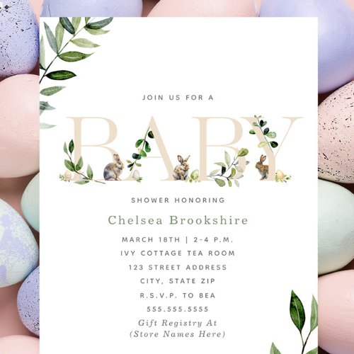 Easter Bunny Rabbit Eggs Eucalyptus Neutral Baby Invitation