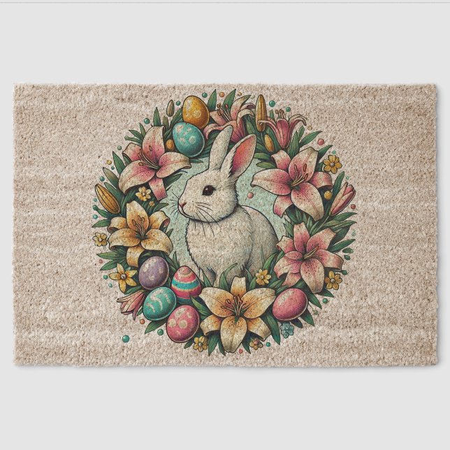 Easter Bunny Rabbit Eggs                           Fiber Doormat (Front)