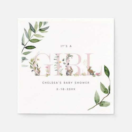 Easter Bunny Rabbit Eucalyptus Girl Baby Shower Napkins