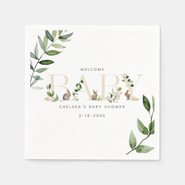 Easter Bunny Rabbit Eucalyptus Neutral Baby Shower Napkins (Front)