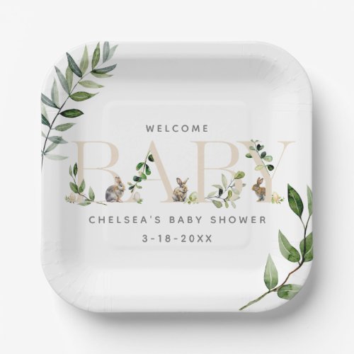 Easter Bunny Rabbit Eucalyptus Neutral Baby Shower Paper Plates