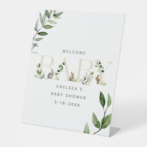 Easter Bunny Rabbit Eucalyptus Neutral Baby Shower Pedestal Sign