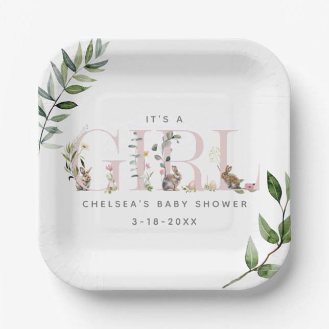 Easter Bunny Rabbit Eucalyptus Pink Baby Shower Paper Plates (Front)