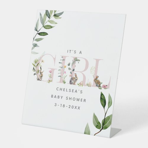 Easter Bunny Rabbit Eucalyptus Pink Baby Shower Pedestal Sign