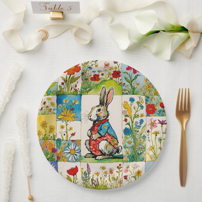 Easter Bunny Rabbit Floral Patchwork Paper Plates (Wedding)