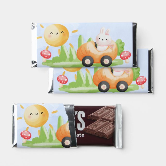 Easter Bunny Rabbit in Carrot Car Personalized Hershey Bar Favors (Front)