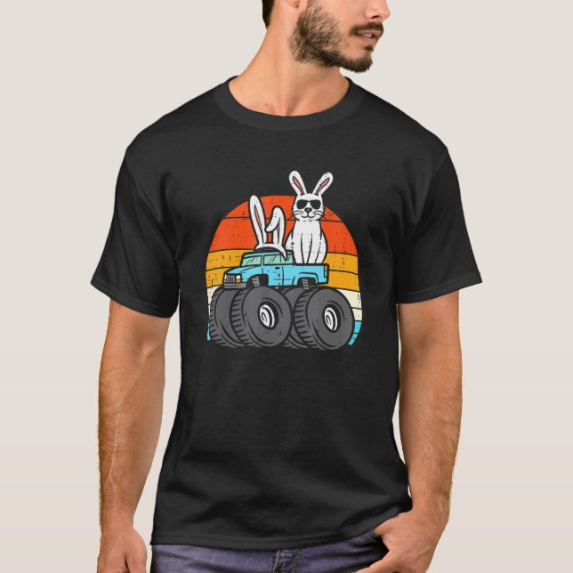 Easter Bunny Rabbit Monster Trucks Retro Boys Kids T-Shirt (Front)
