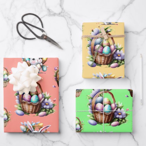 Easter bunny rabbit pastel eggs basket holiday wrapping paper sheets