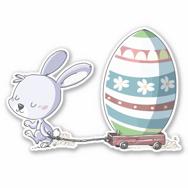 Easter Bunny Rabbit Pulling Easter Egg In Trolley Sticker (Front)