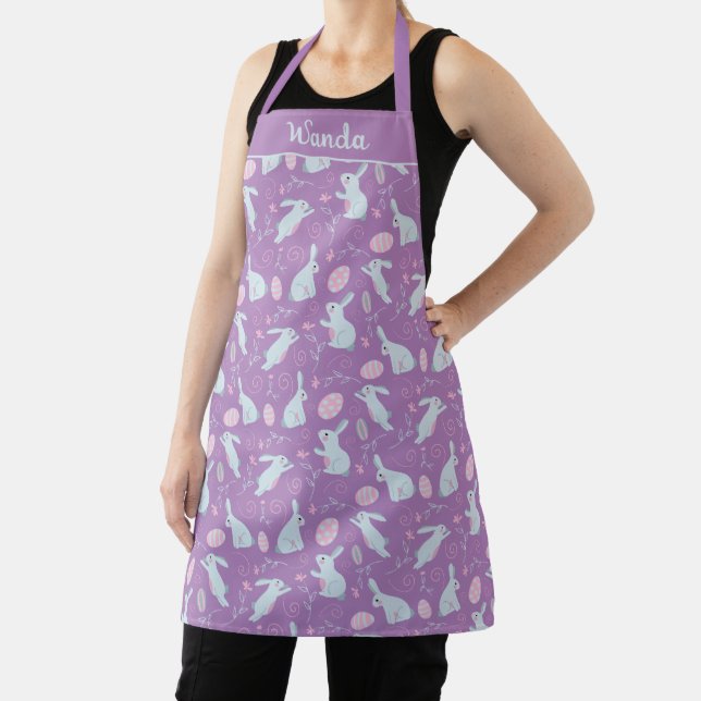 Easter Bunny Rabbit Purple Egg Floral Design Apron (Insitu)