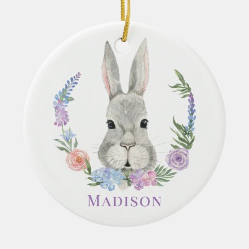 Easter Bunny Rabbit Watercolor Floral Personalized Ceramic Ornament