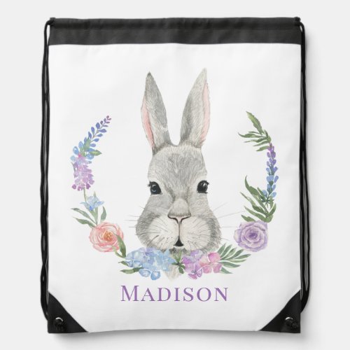 Easter Bunny Rabbit Watercolor Floral Personalized Drawstring Bag